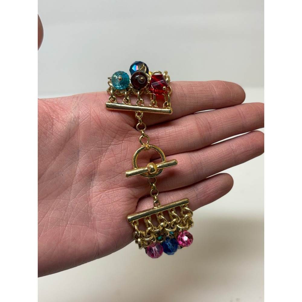 Gold Tone Multi Strand Colorful Crystal Bead Toggle Clasp Charm Bracelet - Picture 2 of 5